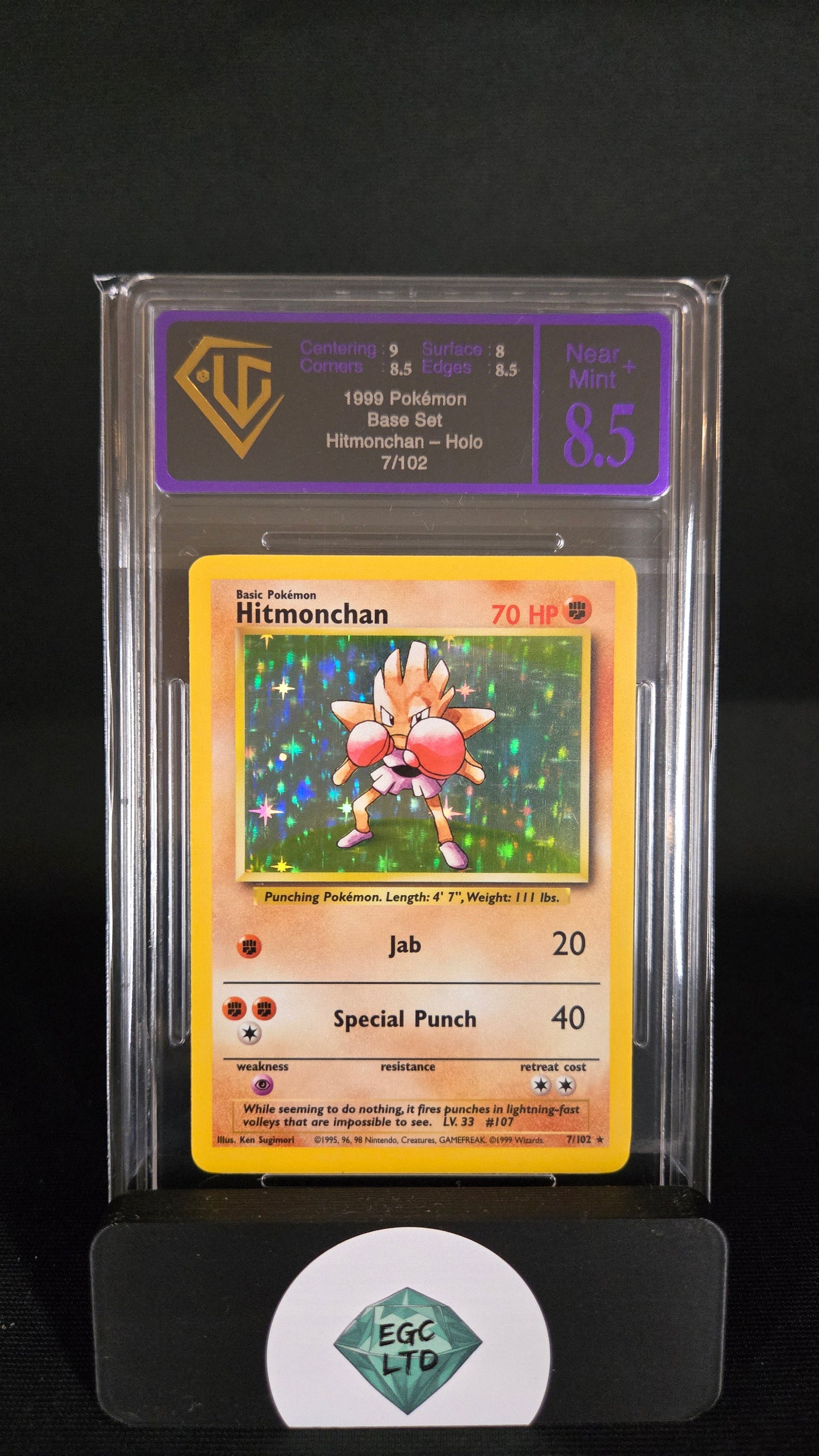 Hitmonchan 7/102 - 1999 Base Set Holo - Universal Grading - 8.5