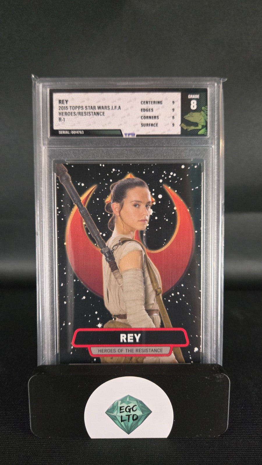 Rey #R-1 - Star Wars - 2015 Topps, The Force Awakens - Tree Frog Grading - 8