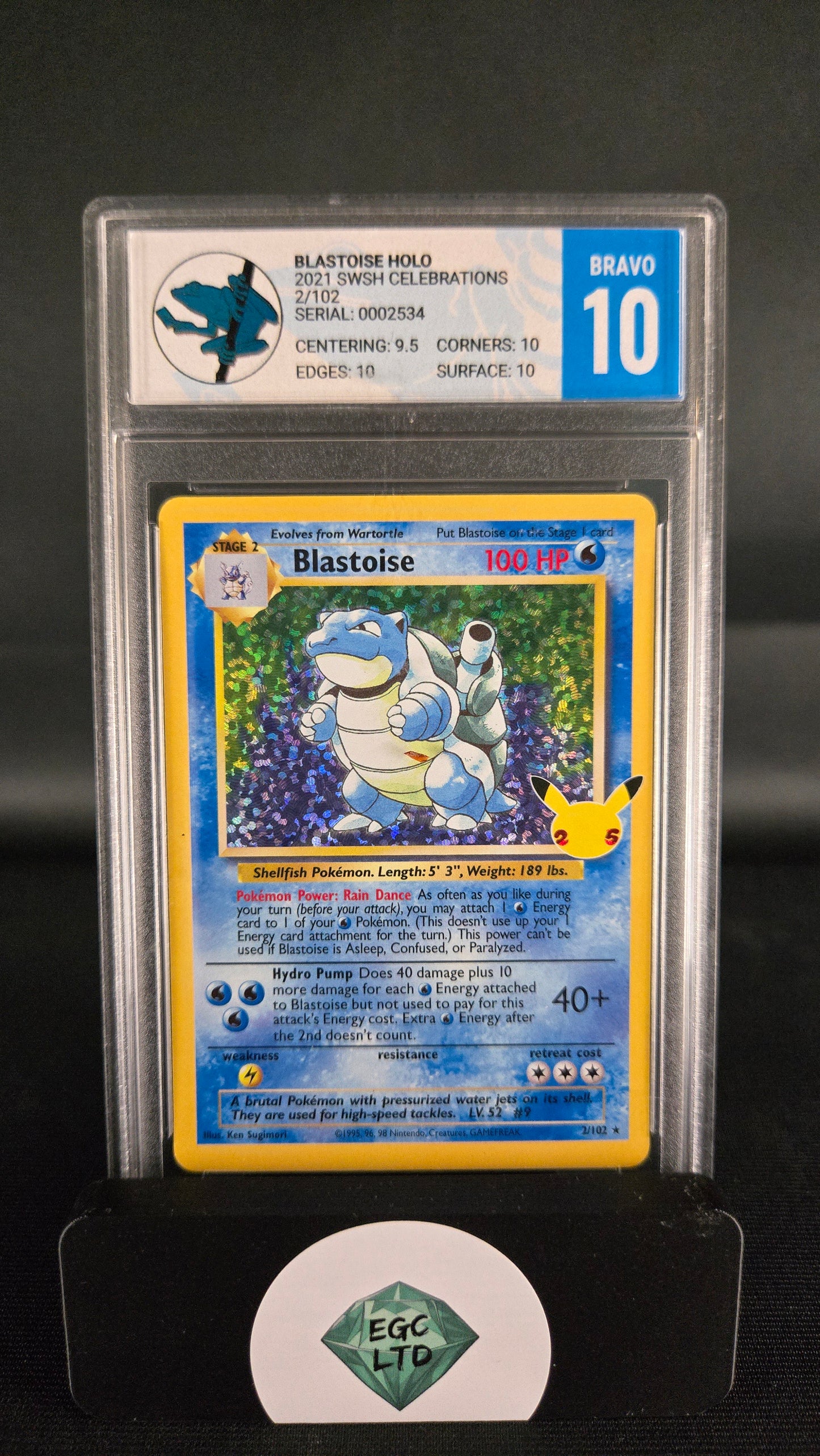Blastoise Holo 2/102 - 2021 SWSH Celebrations - Tree Frog Grading - GM MT 10