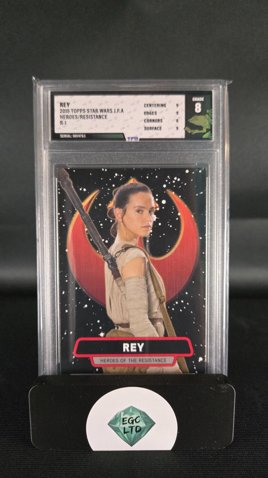 Rey #R-1 - Star Wars - 2015 Topps, The Force Awakens - Tree Frog Grading - 8